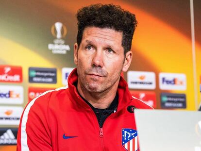 Simeone, durante la rueda de prensa previa al partido en Copenhague.