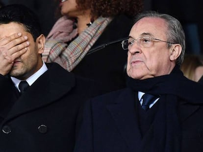 El presidente del PSG, Nasser Al-Khelaifi, se cubre la cara al lado de Florentino Pérez. En vídeo, declaraciones de Al-Khlaifi tras el partido.