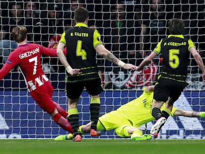 Griezmann marca el segundo gol del Atlético ante el Sporting de Portugal. En vídeo, declaraciones de Juanfran Torres, jugador del Atlético de Madrid.