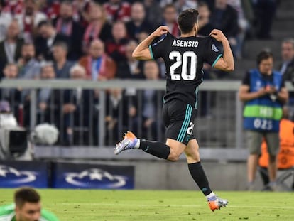 Marco Asensio celebra su gol ante el Bayern en el partido de ida de semifinales de Champions. En vídeo, declaraciones de Zinedine Zidane, entrenador del Real madrid.
