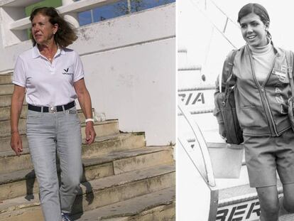 Mari Paz Corominas, en Tarifa, horas antes de cruzar el Estrecho a nado (i) y tras los Juegos de México 68.