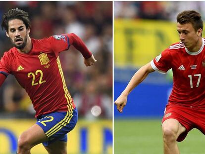 Isco y Golovin, antes del partido de octavos de final entre España y Rusia