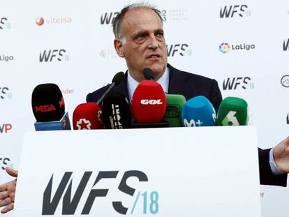 Javier Tebas, atiende a los medios de comunicación tras su intervención en la III edición del World Football Summit.