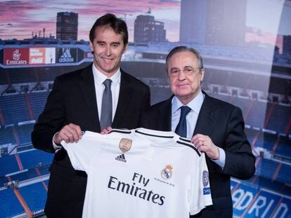 Lopetegui y Florentino Pérez, durante la presentación del técnico en junio. En vídeo, declaraciones de Santiago Hernán Solari tras asumir el cargo de entrenador blanco.