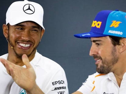 Hamilton y Alonso, en la rueda de prensa del viernes.