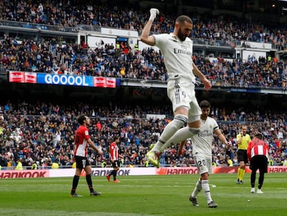 Karim Benzema celebra su segundo gol al Athletic. En vídeo, declaraciones del jugador tras el partido.