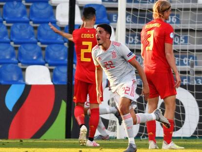 Pablo Fornals celebra el gol de la victoria de España ante Bélgica.