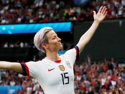 Megan Rapinoe celebra el primer gol de EE UU ante Francia en el Mundial femenino de fútbol, el pasado 28 de junio.