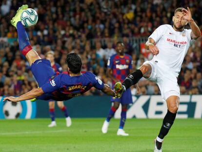 Luis Suárez conecta el remate del primer gol. En vídeo, declaraciones de Valverde y Lopetegui tras el partido.