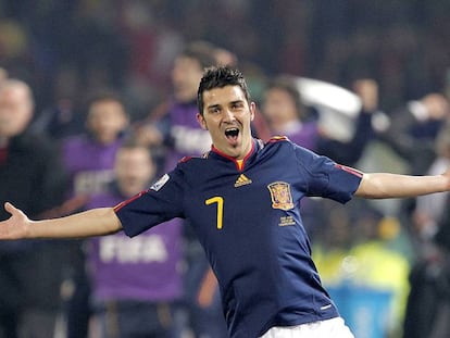 David Villa, durante el Mundial de Sudáfrica 2010, tras marcar un gol. En vídeo, Villa anuncia su retirada.