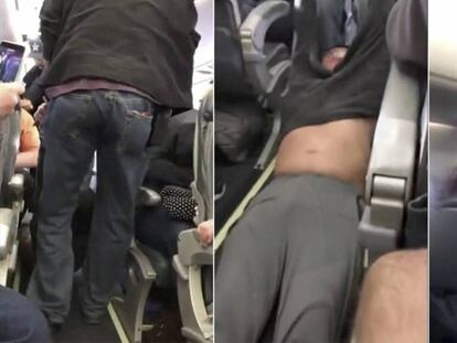 Três momentos da expulsão de David Dao do voo da United Airlines, no domingo.