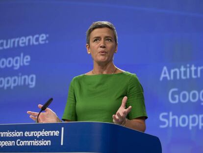 La comisaria europea de Competencia, Margrethe Vestager, explica la multa a Google