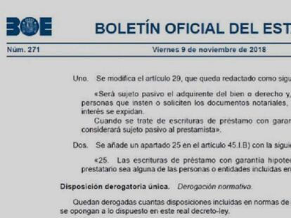 Página del BOE de este viernes que recoge los cambios en los impuestos sobre las hipotecas.