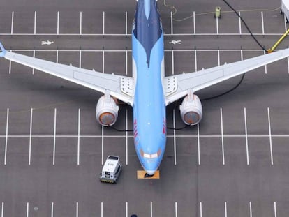 Un avión B737 MAX recién ensamblado estacionado en un aparcamiento