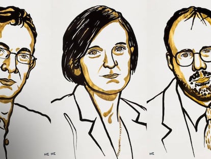 De izquierda a derecha, retratos de Abhijit Banerjee, Esther Duflo y Michael Kremer, premios Nobel de Economía 2019. En vídeo, el anuncio del galardón.