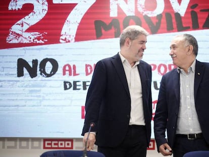 El secretario general de CC.OO, Unai Sordo (i) y el de UGT, Pepe Álvarez (d). En vídeo, las declaraciones de ambos.