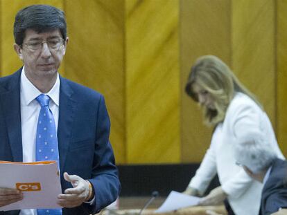 Juan Marín, candidato de Ciudadanos, durante el debate de Investidura.