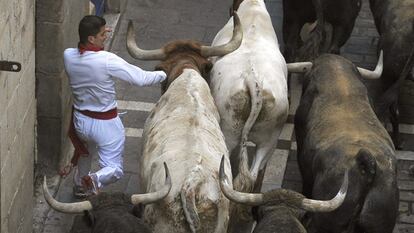 Un mozo corre ante los toros de la ganadería de Miura.