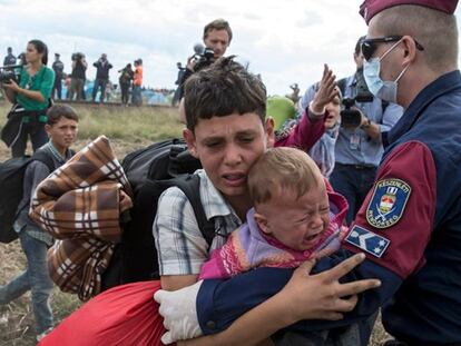 Un policía intenta placar a un niño refugiado que sujeta a un bebé cerca de Röszke (Hungría).