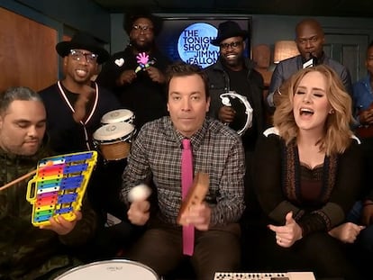 Adele y Jimmy Fallon versionan ‘Hello’ con instrumentos para niños