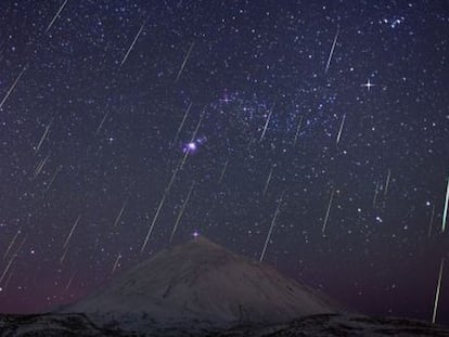 Composición de la lluvia de estrellas fugaces Gemínidas sobre el volcán Teide (Tenerife, Islas Canarias), en 2013 / J.C. CASADO - IAC.