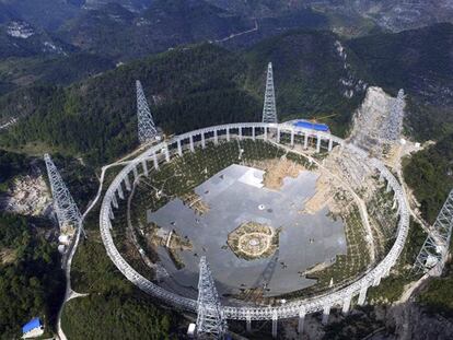 O maior radiotelescópio do mundo, chamado FAST.