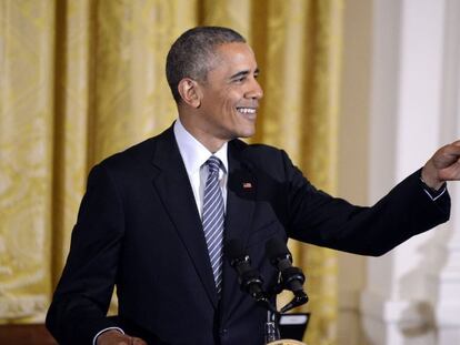 El presidente Barack Obama y el elenco del musical 'Hamilton' en la Casa Blanca.