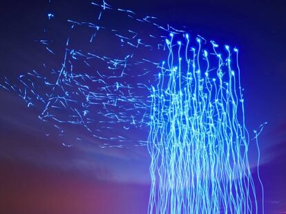 Fotografía de un momento de la coreografía de drones sobre el cielo nocturno.
