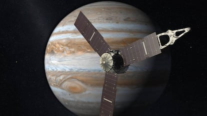Representação da nave 'Juno' em seu caminho para Júpiter.