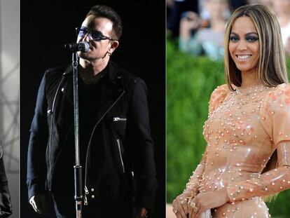 De izquierda a derecha: los cantantes Alicia Keys, Bono y Beyoncé.