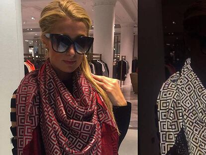 Una imagen de Paris Hilton con la bufanda. En la primera la foto fue tomada sin flash y en la segunda con flash.