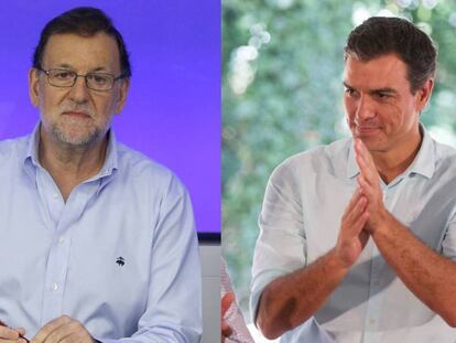 Mariano Rajoy y Pedro Sánchez en sus actos de partido este sábado.