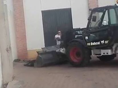 La vaquilla agoniza sobre la pala de la excavadora en el municipio de Motilla del Palancar.