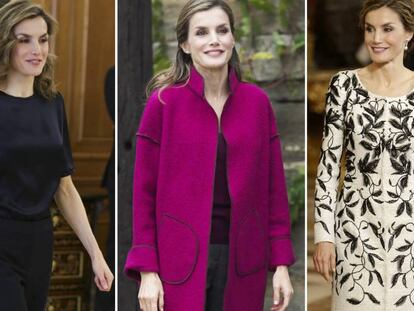 Doña Letizia vestida con pantalones de estética deportiva de Hugo Boss, luego con un abrigo del diseñador ovetense Marcos Luengo, y un traje Felipe Varela.