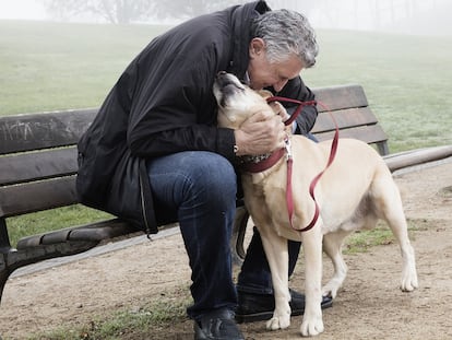 El exjugador de baloncesto abraza a su perro, durante uno de sus paseos.
