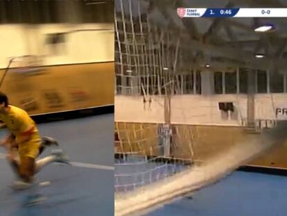 Un deportista checo huye mientras el techo del polideportivo donde juega se derrumba.