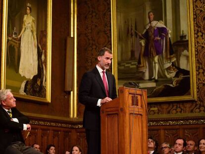 El rey Felipe VI durante su discurso en el Parlamento británico.
