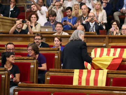 Momento en que la diputada de Podem retira las banderas en el Parlament. En vídeo, declaraciones de Angels Matínez, diputada de Podem.