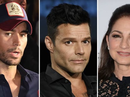 Los cantantes Enrique Iglesias, Ricky Martin y Gloria Estefan.