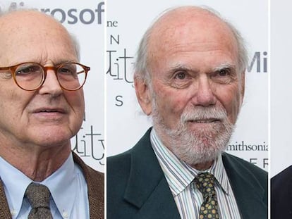 De izquierda a derecha, Rainer Weiss, Barry Barish y Kip Thorne.