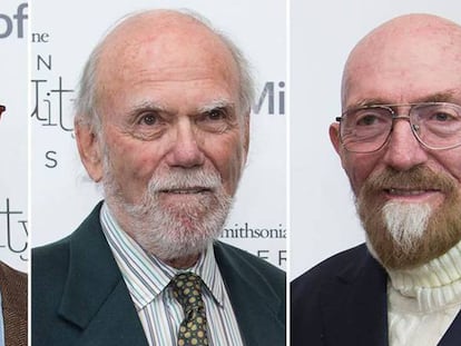 De izquierda a derecha, Rainer Weiss, Barry Barish y Kip Thorne.