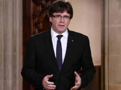 FOTO: El 'president', Carles Puigdemont, durante su discuso del pasado 4 de octubre en el palacio de la Generalitat (Barcelona). / VÍDEO: Discurso íntegro.