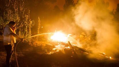 Un vecino intenta sofocar un fuego en As Neves (Pontevedra).