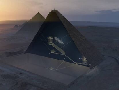 Reconstrucción de la pirámide de Keops con la nueva cámara situada en la parte superior como una zona punteada.