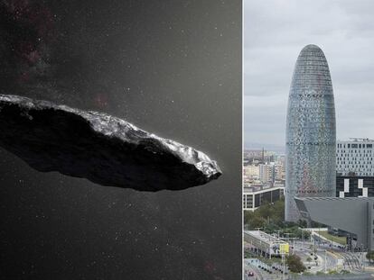 Recreación artística de Oumuamua, junto a la Torre Agbar de Barcelona. En vídeo, así viaja Oumuamua.