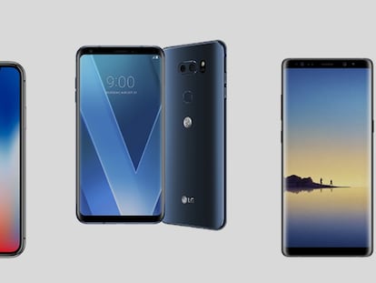 De izquierda a derecha, los tres mejores móviles de gama alta de 2017 según nuestra valoración media: iPhone X (9,5), LG V30 (9,25) y Samsung Galaxy Note 8 (9,25).
