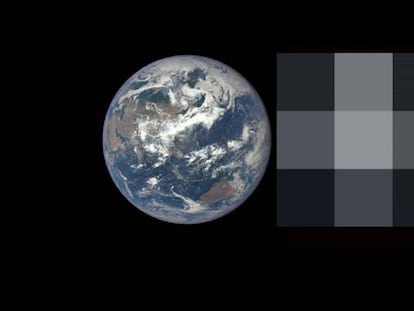 A la derecha, uNa imagen de la Tierra y cómo se vería desde otro sistema solar con las tecnologías actuales.