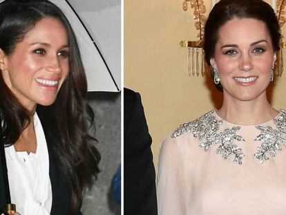 A la izquierda, Meghan Markle en Londres; a la derecha, Kate Middleton en Polonia este jueves.