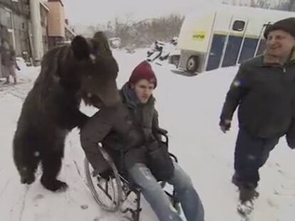 El oso empuja la silla de ruedas de Oleg Alexándrov.