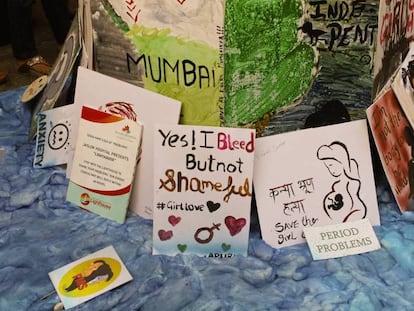 Parte de una exhibición de arte con la higiene menstrual como tema principal en Kala Ghoda, el mayor festival de arte de India celebrado en Bombay la semana pasada.